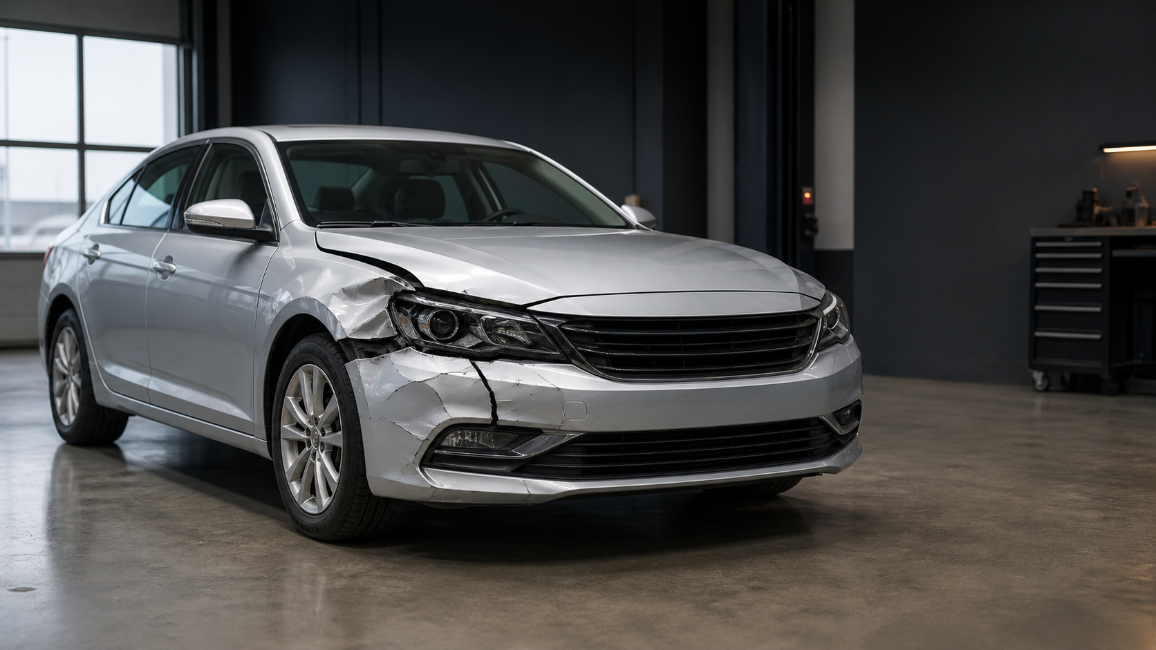 Fictional silver sedan with repairable front-left collision damage in an assessment bay